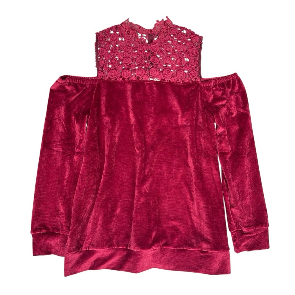 Entro Shirt Womens M Red Velour Romantic Feminine Off Shoulder Lace Boho Chic‎